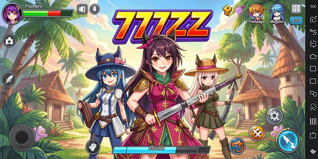 Screenshot gameplay 777ZX yang penuh aksi dan karakter anime yang menarik.
