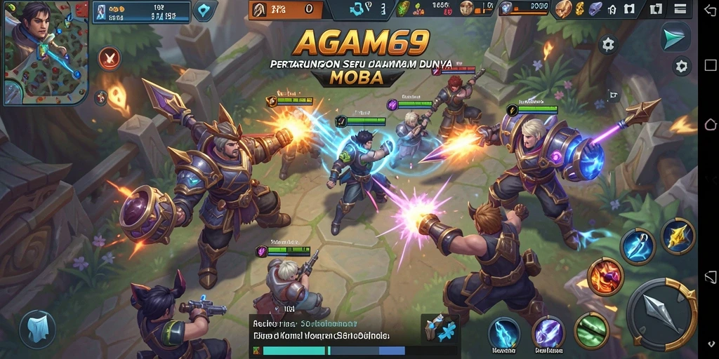 Screenshot utama AGAM69 menampilkan pertarungan dinamis dalam arena MOBA.