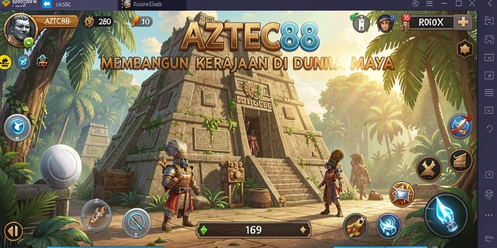 Tampilan gameplay AZTEC88 yang menunjukkan pembangunan kerajaan dan pertempuran strategis.