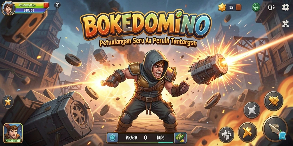 Screenshot BOKEDOMINO menampilkan aksi seru dalam pertempuran.
