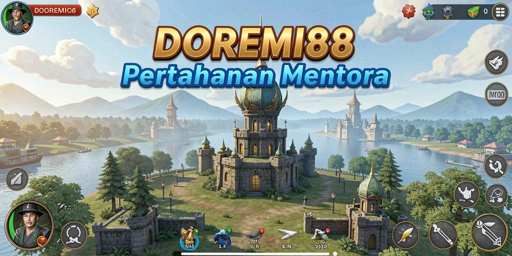 Tampilan gameplay DOREMI88 dengan menara dan musuh yang beraksi.