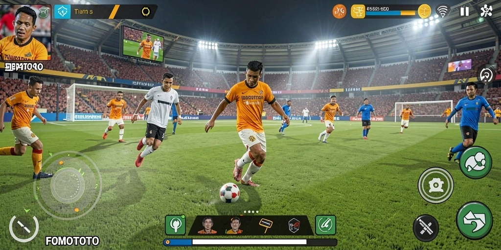 Tampilan gameplay FOMOTOTO yang mendebarkan saat pertandingan sepak bola.