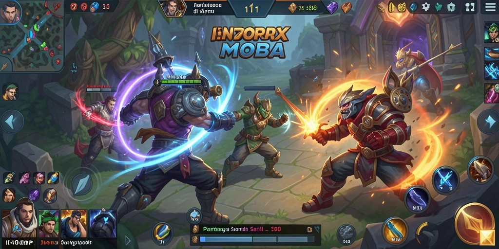 Screenshot gameplay INDORP dengan aksi MOBA yang intens.