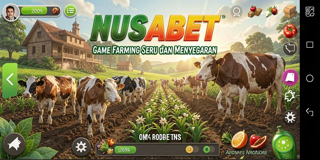 Tangkapan layar gameplay NUSABET yang menunjukkan kebun yang subur dan beragam tanaman.