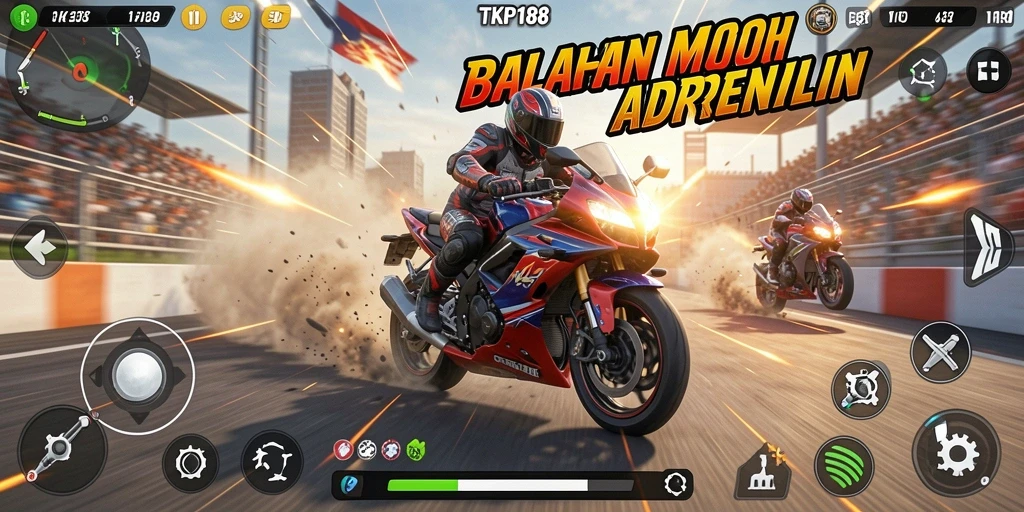 Screenshot gameplay TKP188 menampilkan balapan motor yang intens dan mendebarkan.